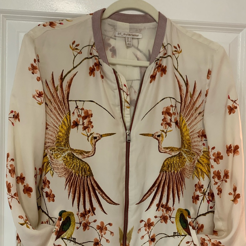 Cream Bomber Jacket with Bird and Floral Design. Made in Morocco